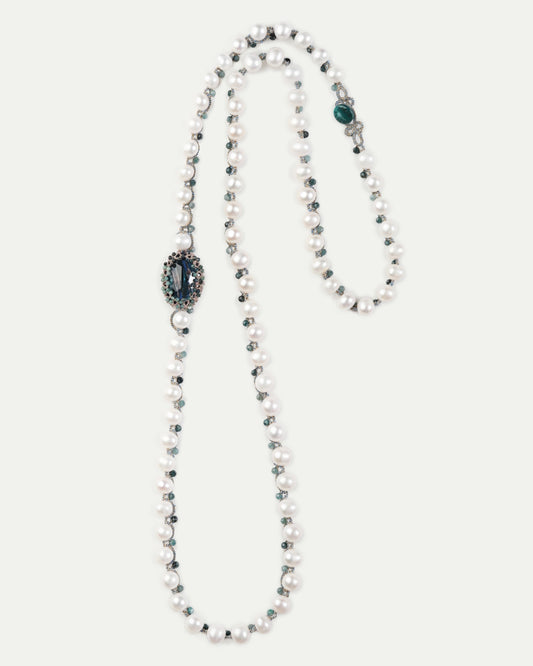 SHAYLA PENDANT in Silk, Pearl, Pearls color Blue side view with decorative details and quality finishes