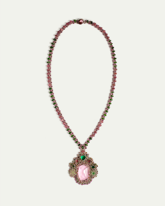 SYDNEY PENDANT in Silk, Pearl, Crystals color Rose side view with decorative details and quality finishes