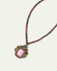 SYDNEY PENDANT in Silk, Pearl, Crystals color Rose full view with sophisticated look and elegance