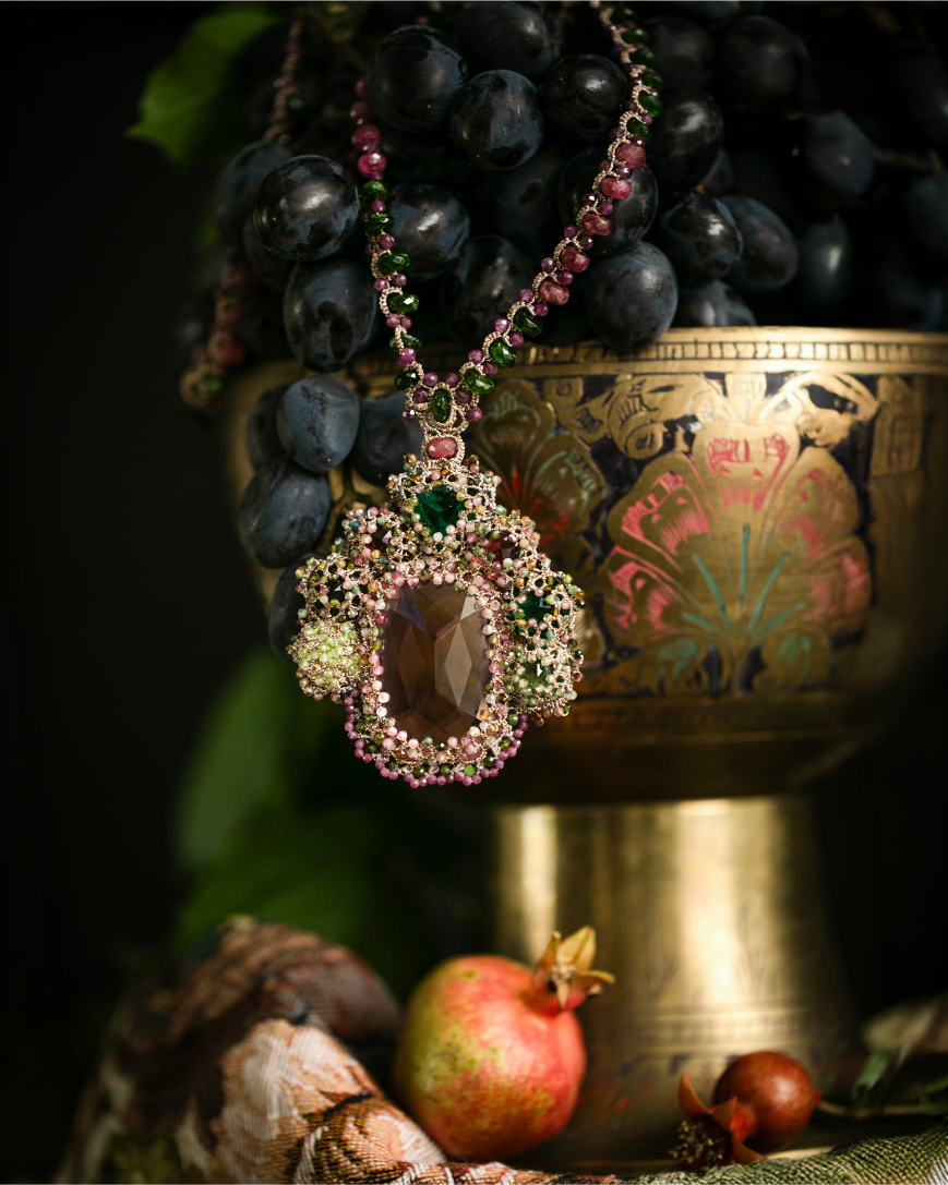 SYDNEY PENDANT in Silk, Pearl, Crystals color Rose front view with elegant and refined design