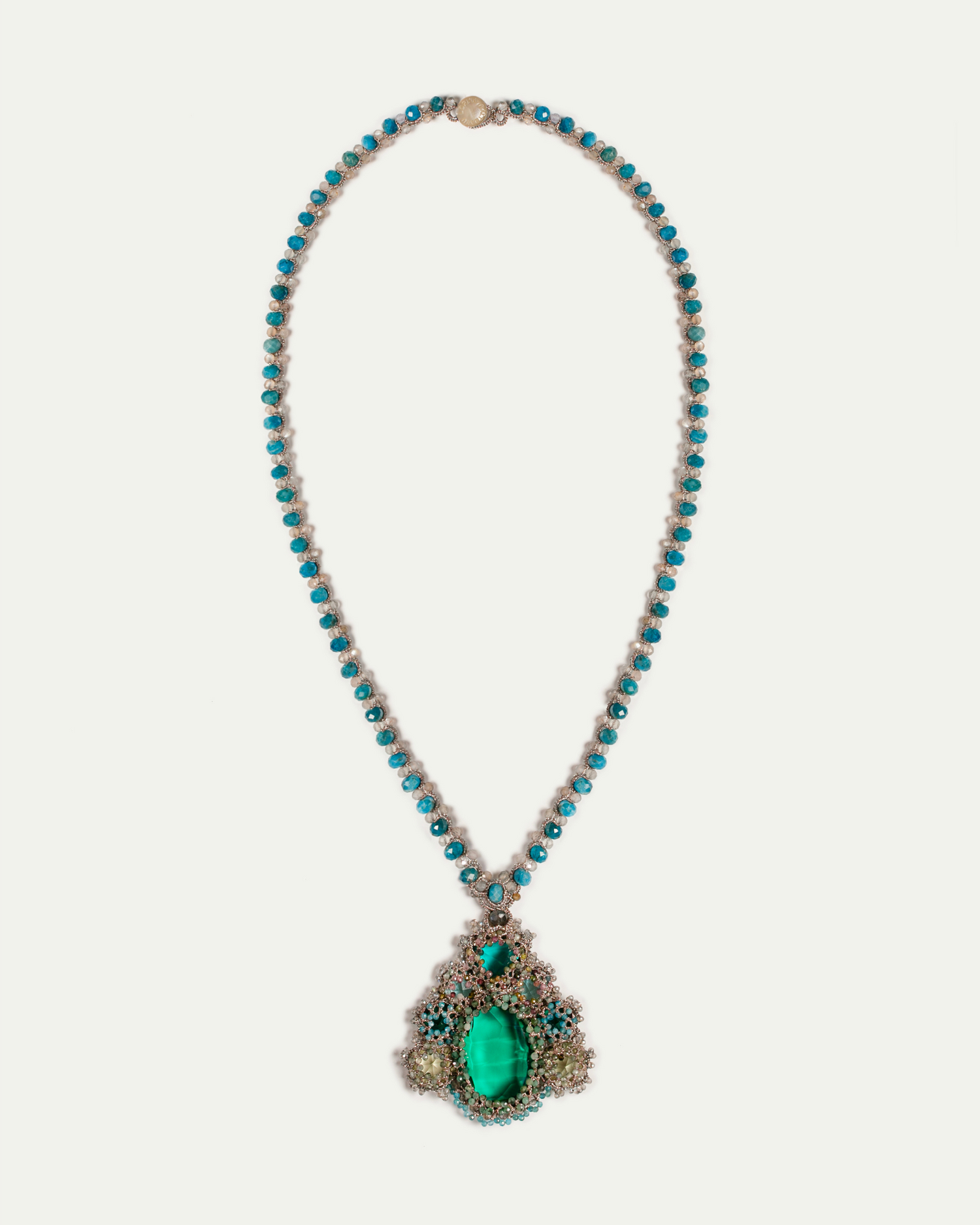SYDNEY PENDANT in Silk, Pearl, Crystals color Green front view with elegant and refined design