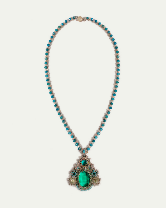 SYDNEY PENDANT in Silk, Pearl, Crystals color Green front view with elegant and refined design