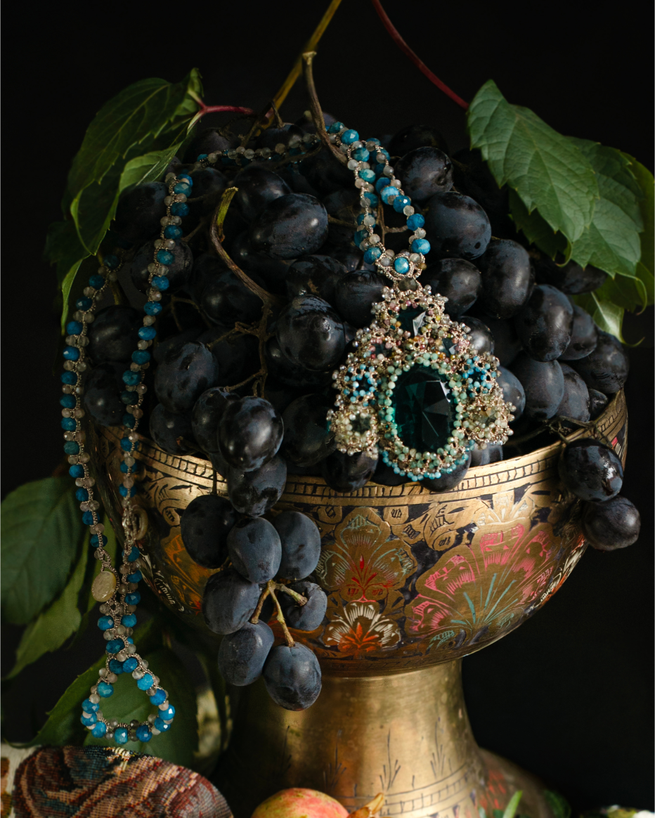 SYDNEY PENDANT in Silk, Pearl, Crystals color Green side view with decorative details and quality finishes
