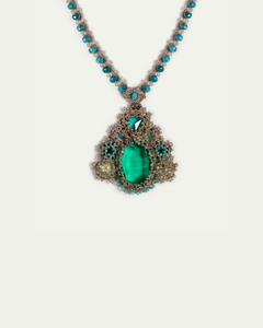 SYDNEY PENDANT in Silk, Pearl, Crystals color Green detail view with classic and elegant design