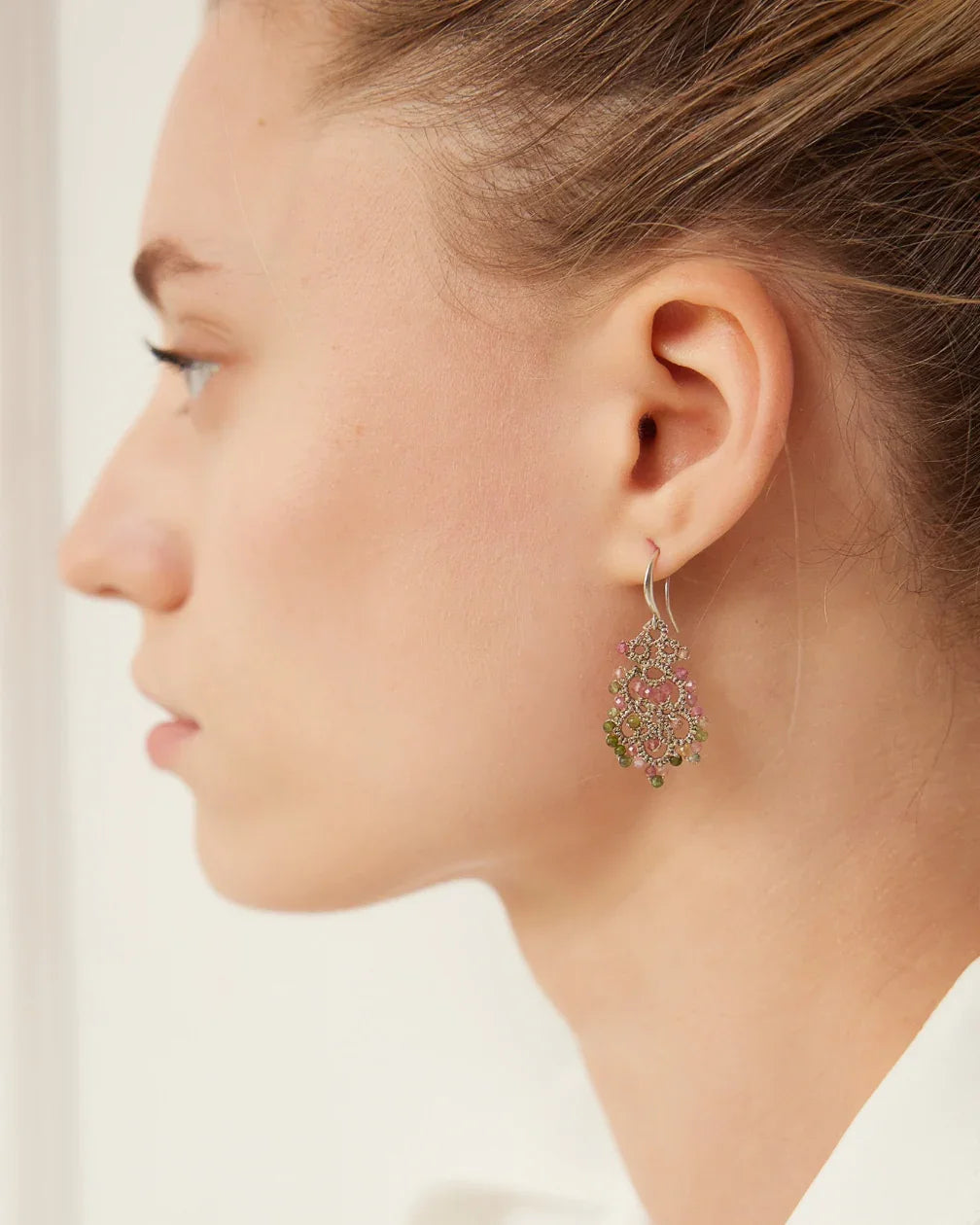TALIA DONNA Earrings with multicolor tourmaline, silk threads, gold-plated silver hooks.