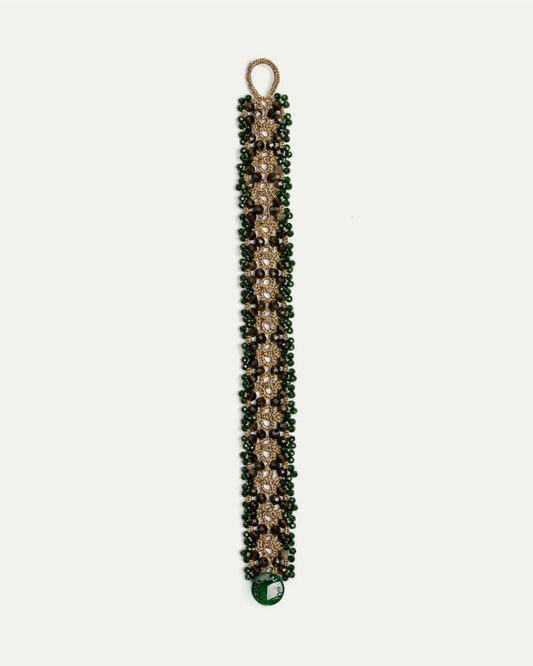 TANYA BRACELET in Silk, Pearl, Garnet color Green front view with elegant and refined design