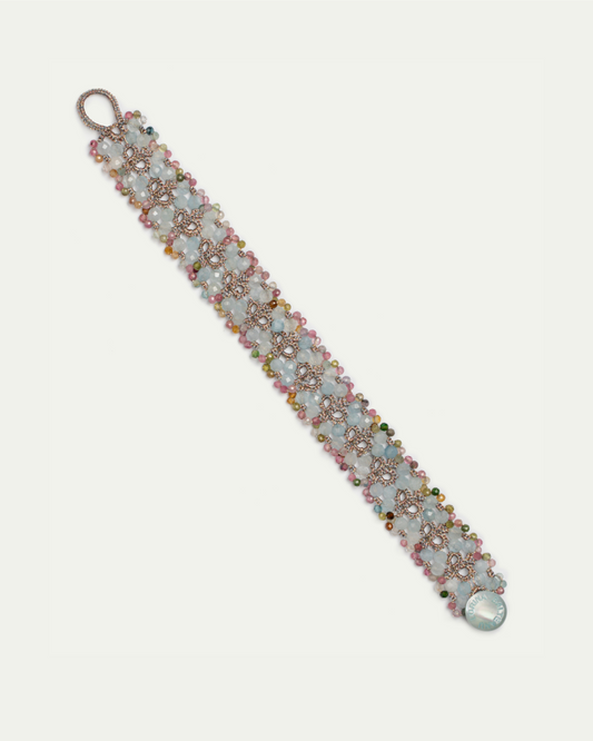 TANYA BRACELET in Silk, Pearl, Aquamarine color Blue side view with decorative details and quality finishes