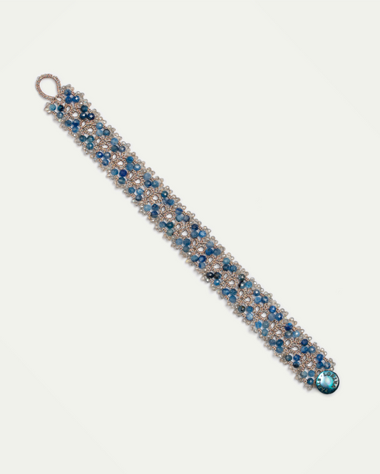 TANYA BRACELET in Silk, Pearl, Kyanite color Blue side view with decorative details and quality finishes