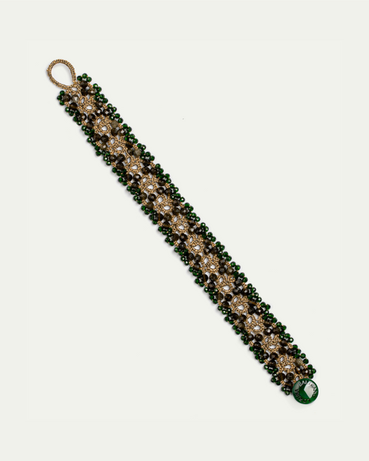 TANYA BRACELET in Silk, Pearl, Garnet color Green side view with decorative details and quality finishes