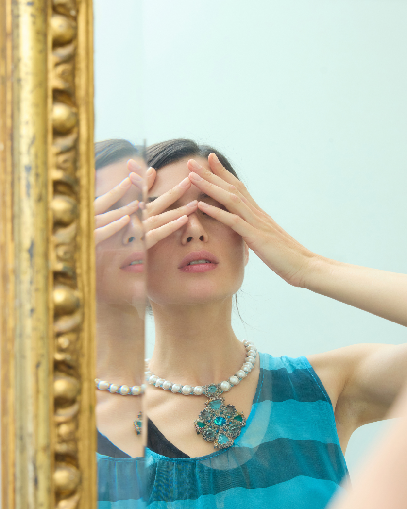 TIFFANY NECKLACE in Silk, Pearl, Pearls color Blue close-up view with premium look and attention to detail