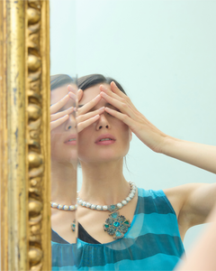 TIFFANY NECKLACE in Silk, Pearl, Pearls color Blue close-up view with premium look and attention to detail