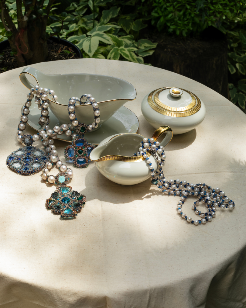 TIFFANY NECKLACE in Silk, Pearl, Pearls color Blue perspective view with exceptional quality and modern design
