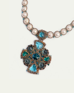 TIFFANY NECKLACE in Silk, Pearl, Pearls color Blue full view with sophisticated look and elegance