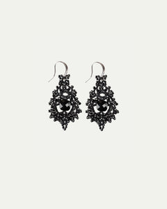 TIRAS EARRINGS in Silk, Silver, Glass color Black front view with elegant and refined design