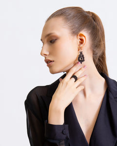 TIRAS EARRINGS in Silk, Silver, Glass color Black side view with decorative details and quality finishes