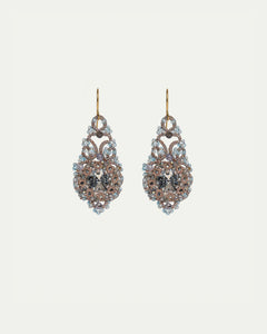 Valentina Earrings with blue topaz, crystal, gold-plated silver hooks, silk, and metallized threads.
