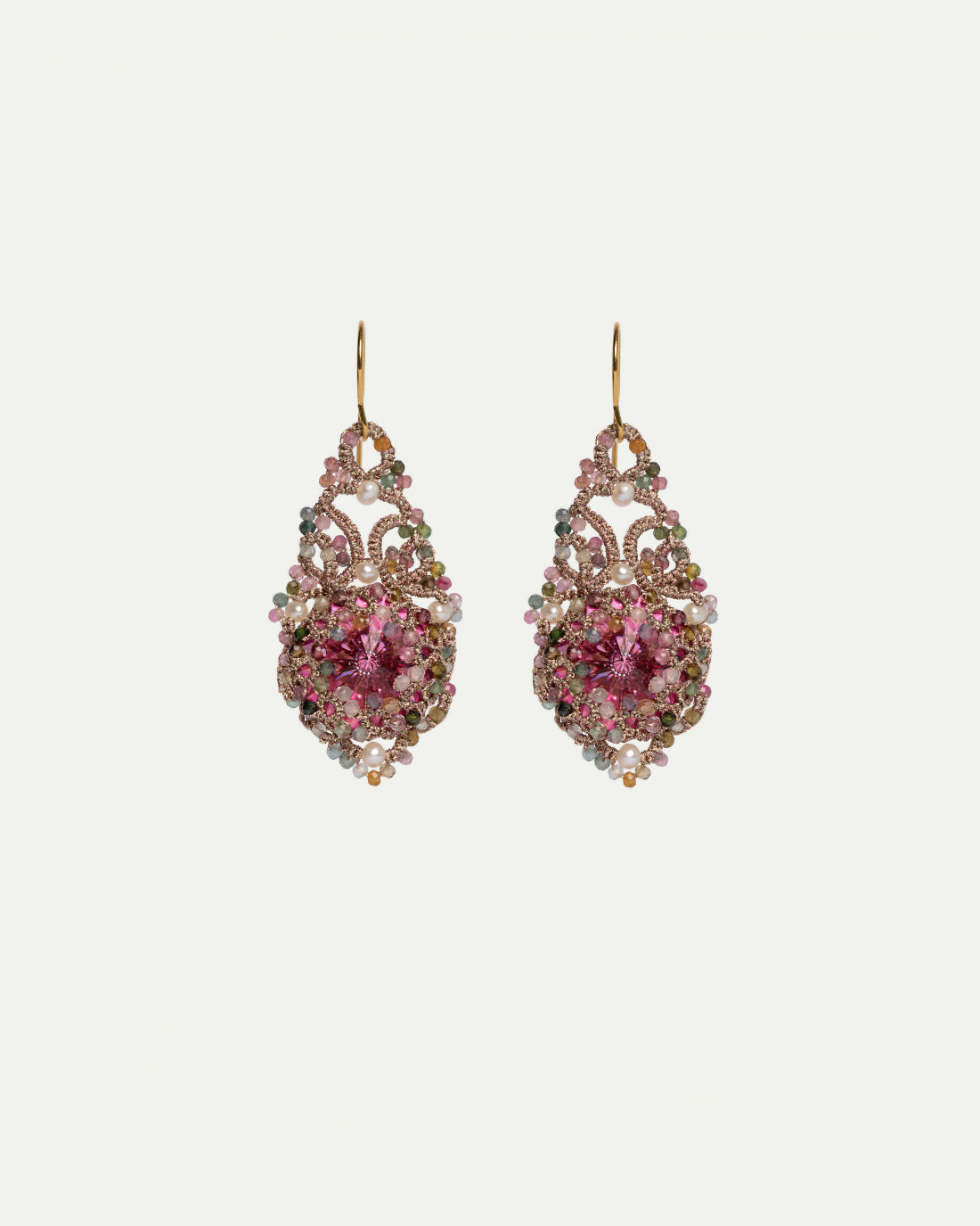 VALENTINA EARRINGS, rose color, crystal, tourmaline gemstones, freshwater pearls, gold-plated silver hooks.