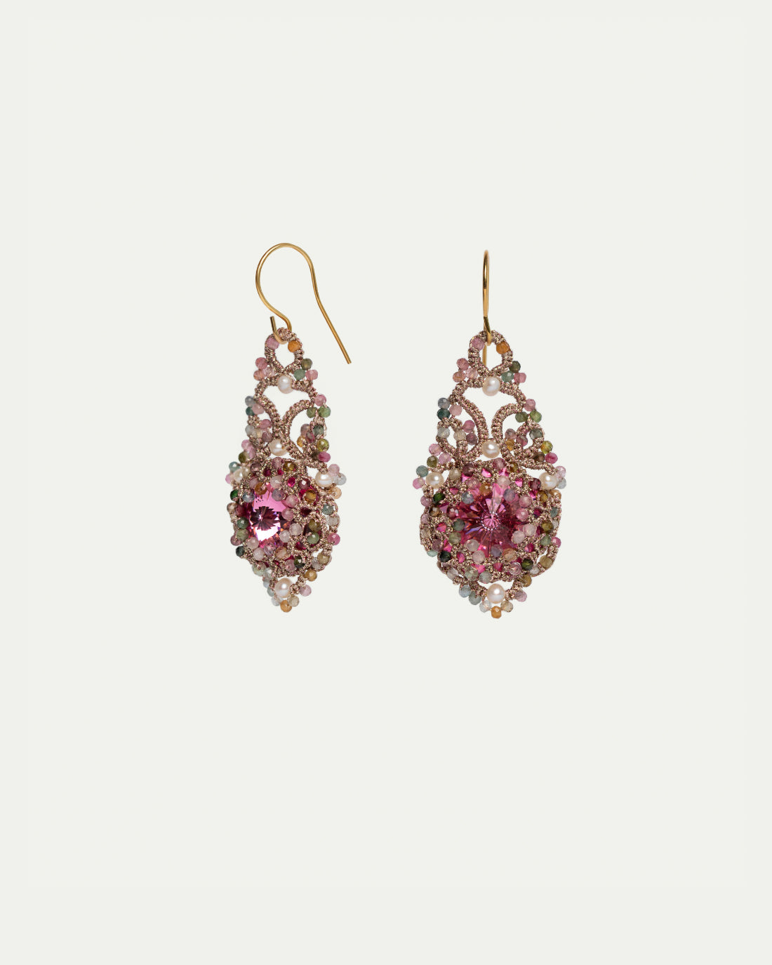 Rose Valentina earrings with silk, gold, silver, pearls, intricate detailing, pink gemstones, freshwater pearls.