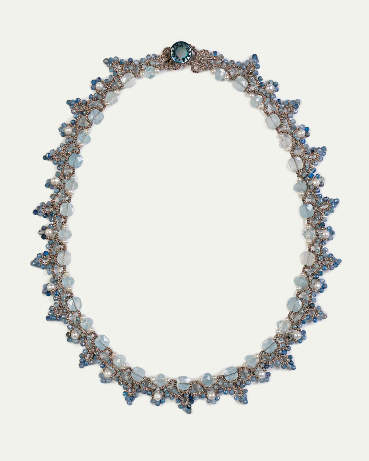 VALERIA NECKLACE with aquamarine, kyanite gemstones, freshwater pearls, silk threads, blue color.