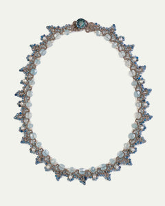 VALERIA NECKLACE with aquamarine, kyanite gemstones, freshwater pearls, silk threads, blue color.
