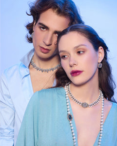 Blue silk and pearl Valeria necklace with freshwater pearls and kyanite detail.