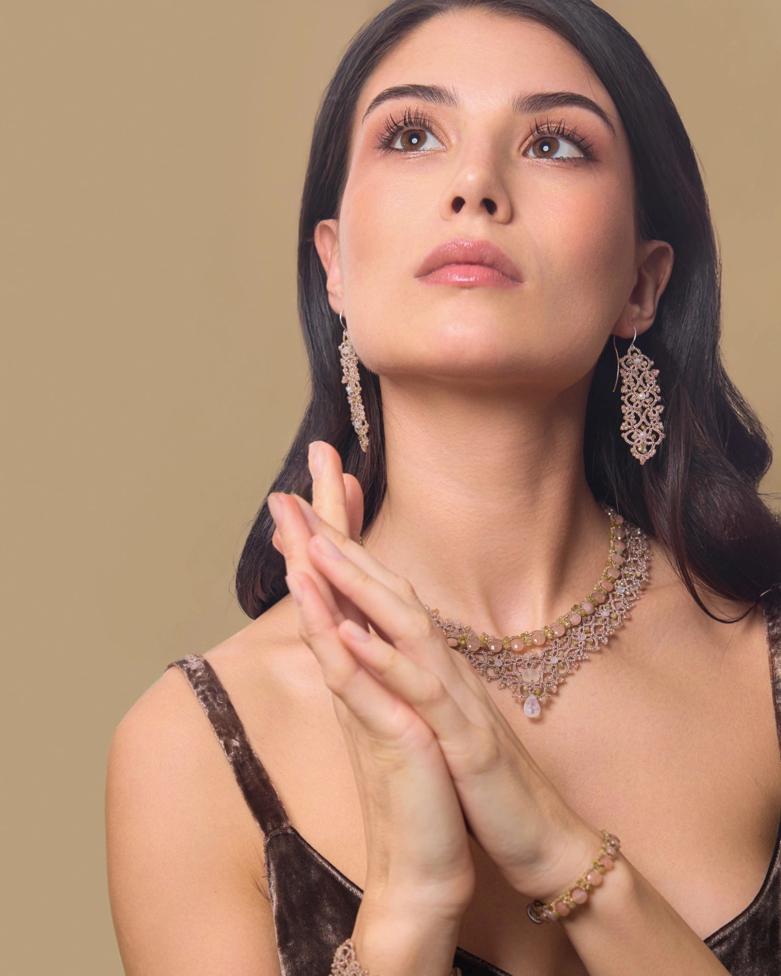 Vintaj earrings with moonstone, green garnet, silk threads, silver hooks, gold accents.