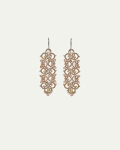 Gold VINTAJ earrings with intricate lace design, side view, featuring delicate loops and detailed metalwork.