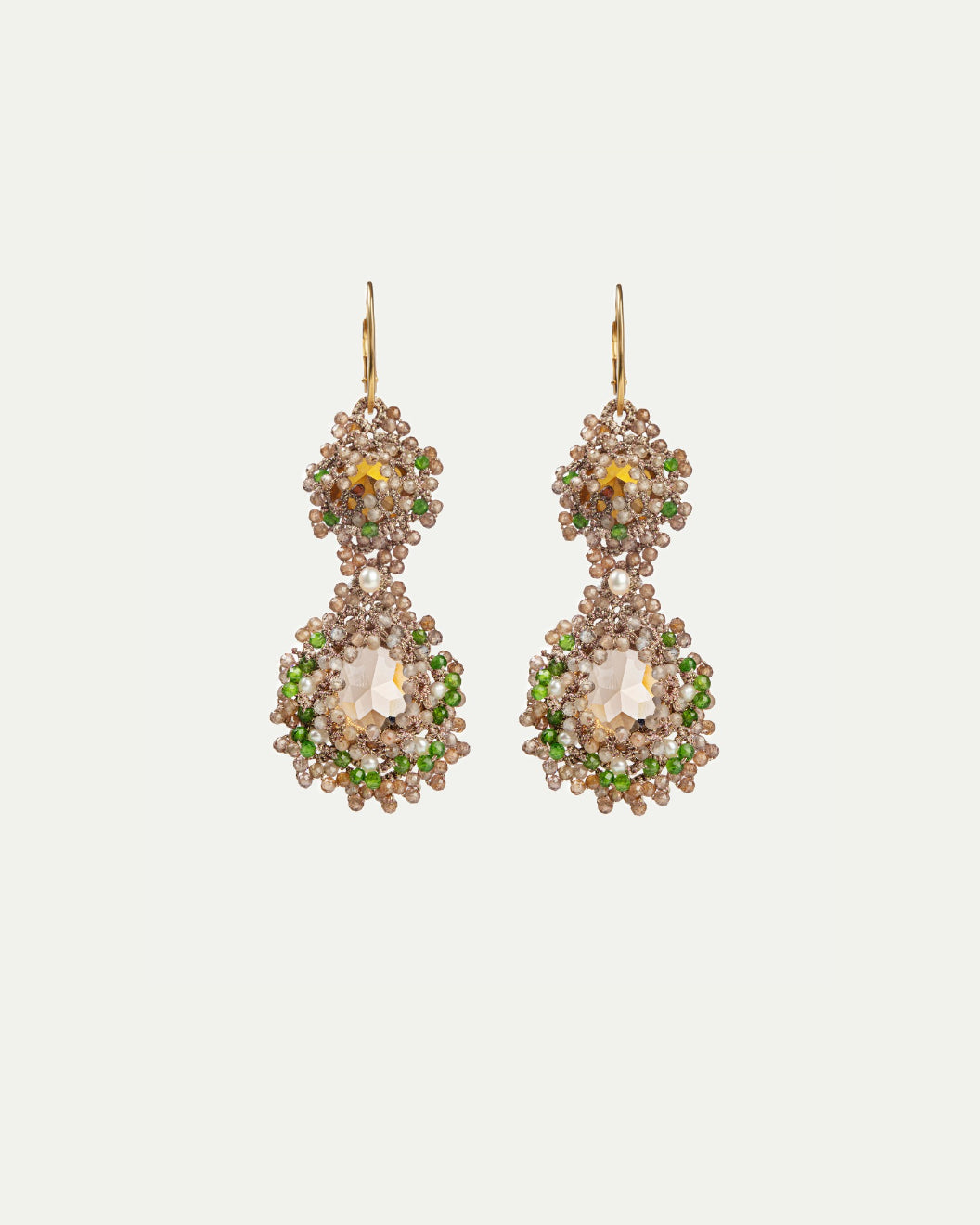 Yasmine Earrings with crystals, zircon, chrome diopside, moonstone, pearls, gold-plated silver hooks, gold tones.