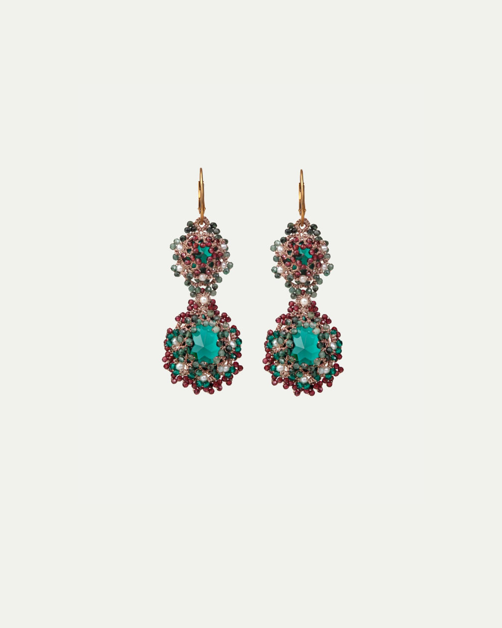 Green YASMINE earrings with gold hooks, intricate beadwork, featuring emerald-like stones and multi-colored gems.