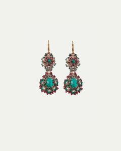 Green YASMINE earrings with gold hooks, intricate beadwork, featuring emerald-like stones and multi-colored gems.