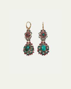 Green silk gold earrings with pearls, intricate detailing, and freshwater pearl accents.