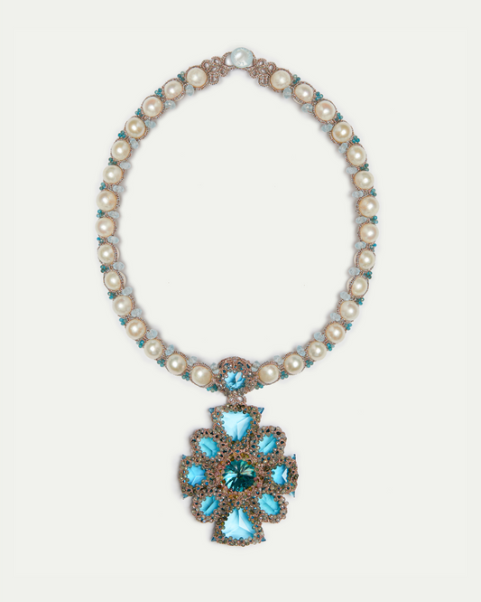 TIFFANY NECKLACE in Silk, Pearl, Pearls color Blue side view with decorative details and quality finishes